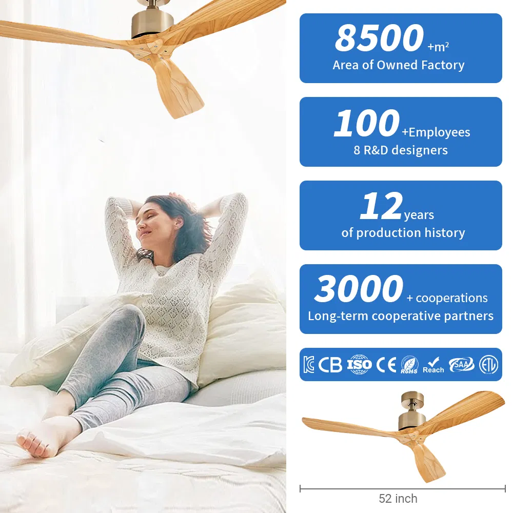 52" 3-Blades Solid Wood Blade Ceiling Fan Indoor Decorative Hanging Fan Without Light and Remote Control