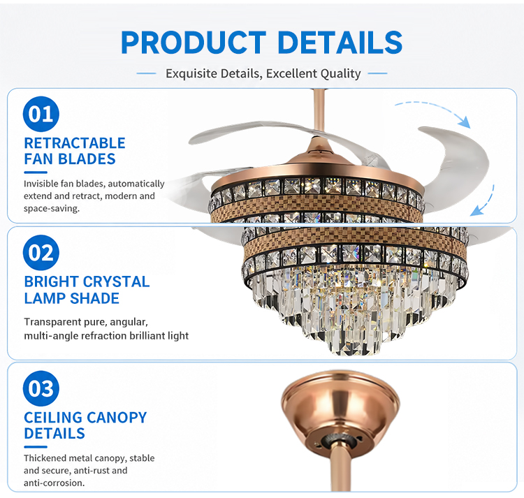 Energy-saving Modern Indoor 42 Inch 3-Color Temperature Dimmable Mute Invisible Crystal Ceiling Fan With Led Light and Remote