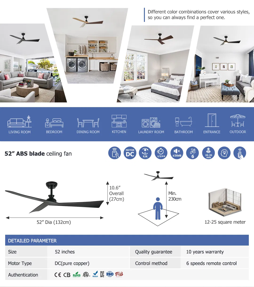 Ceiling Fan Factory OEM D. I. Y ABS Blades Energy Saving Smart Remote Ceiling Fan