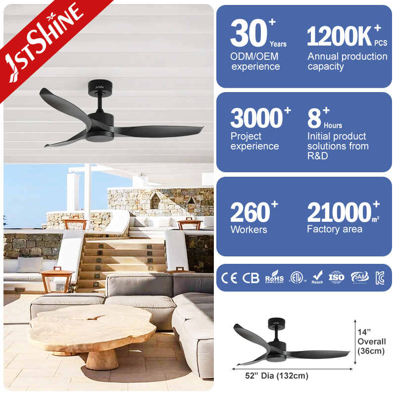 1stshine Ceiling Fan Waterproof IP65 Outdoor Smart Control Black Ceiling Fan Wth ABS Blades