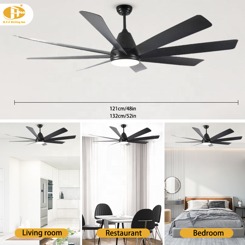60 Inch 8-Blade Black Ceiling Fan Light LED &amp; 6-Speed Reversible DC Motor Remote Control High Airflow for Large Living Room