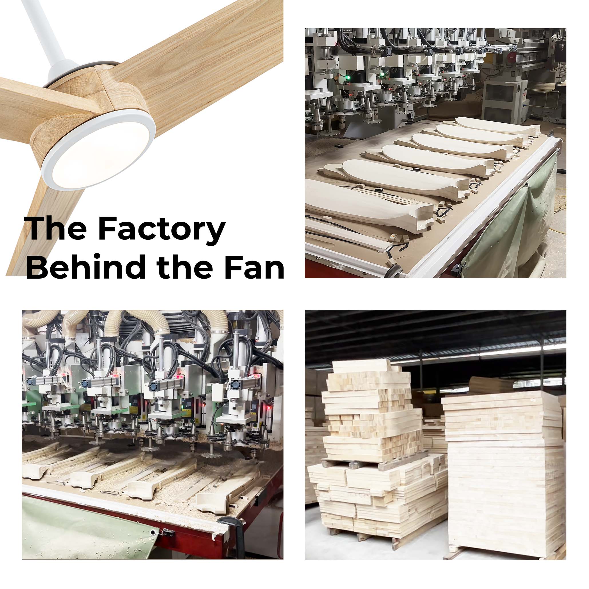 52 Inch Timber Blades Ceiling Fan With Light | OEM Customizable Finish | DC Silent Motor | Japandi Style for Living Room &amp; Hotel