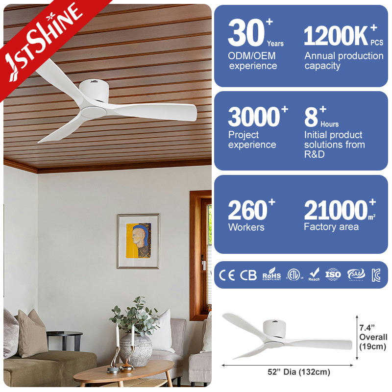 1stshine Ceiling Fan Flush Mounted BLDC Motor Low Energy Space Saving White Ceiling Fan Without Light