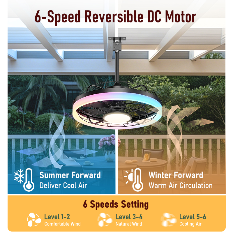 20 Inch Outdoor Caged Ceiling Fan with Light Waterproof Smart RGB 3CCT Reversible Dimmable LED Hanging Fan for Patio Gazebo