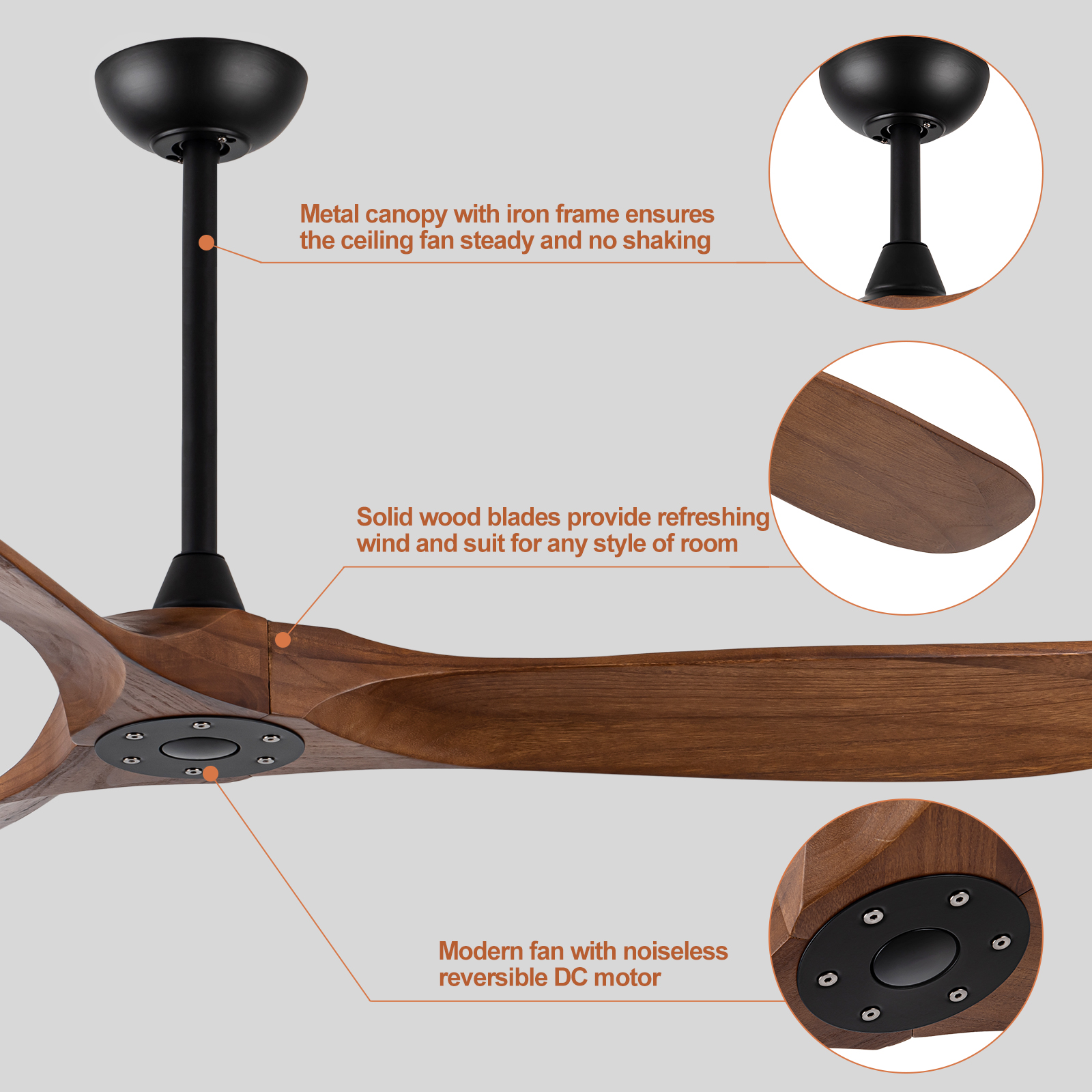 Modern Decorative 60 Inch Real Wood Blade Remote Control 110 - 240 Voltage Energy Saving Reversible Silent DC Motor Ceiling Fan