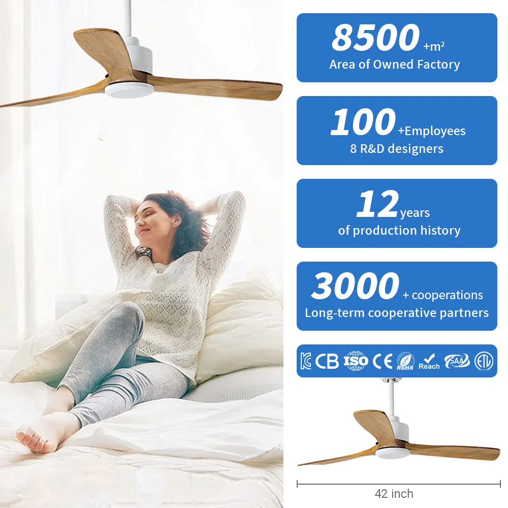 Remote-Controlled Solid Wood Ceiling Fan - White Body &amp; Light Wood Blades, Ideal for Living/Dining Room Cooling