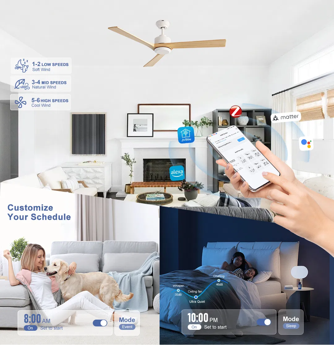 Ceiling Fan 52 Inches Wooden Blades Energy Saving Adjustable 6 Speeds Soft Wind Smart Ceiling Fan with Remote