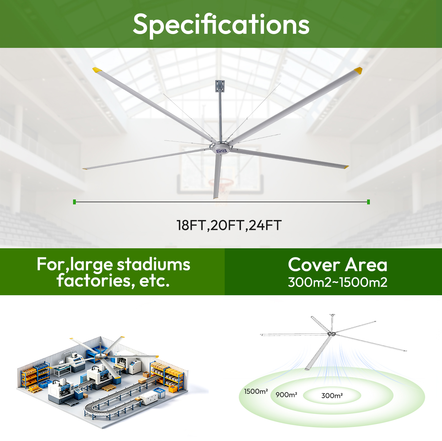 16-24ft HVLS Fan Industrial Giant Ceiling Fan High Volume Low Speed Big Fan Commercial Ventilation For Warehouse,Factory