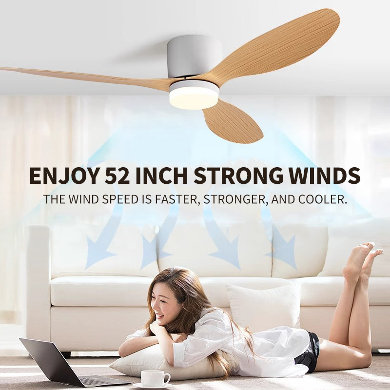 Decorative Indoor Solid Wood Blades Remote Control LED Ceiling Fan with Light