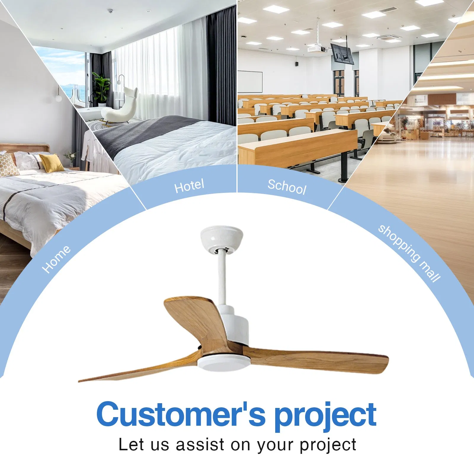 Remote-Controlled Solid Wood Ceiling Fan - White Body &amp; Light Wood Blades, Ideal for Living/Dining Room Cooling