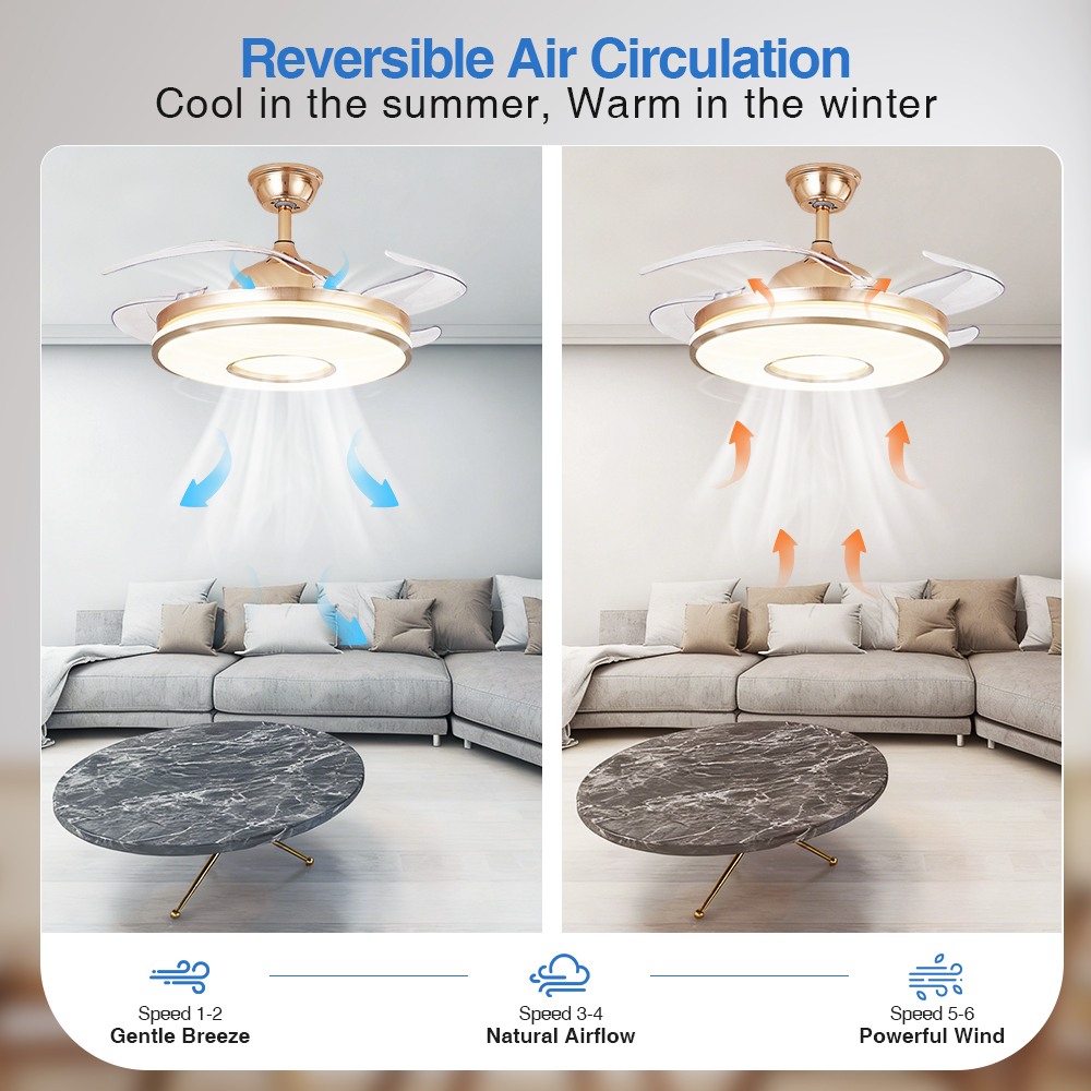 48 Inch Luxury Retractable Ceiling Fan With 4 Invisible Blades, Gold-Black Finish, LED Light And Smart Remote Control