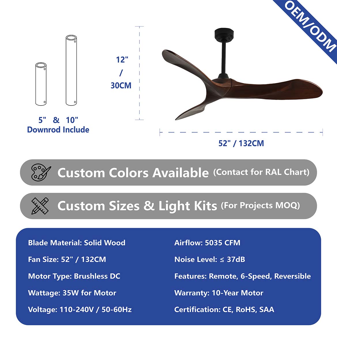 52 Inch Architectural Decorative Ceiling Fan with Sculptural Solid Wood Blade | Ultra-Quiet DC Motor | for Luxury Villas &amp; Hotel