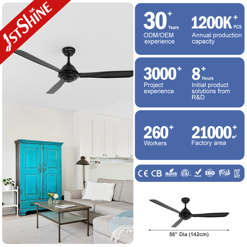 1stshine Ceiling Fan 6 Speeds High Quality Remote Control 3 Black Metal Blades Ceiling Fan
