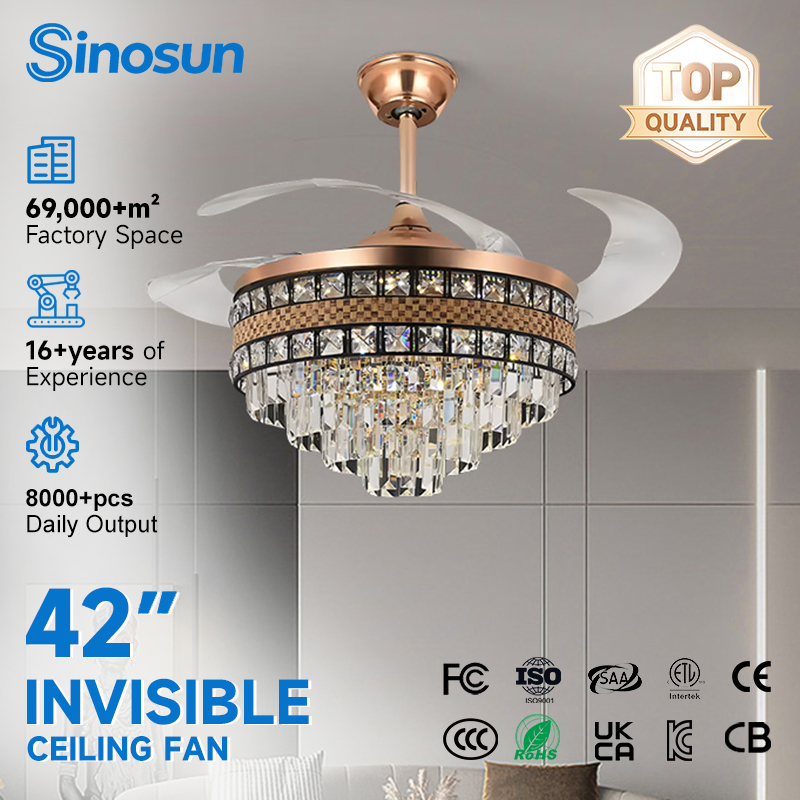 Energy-saving Modern Indoor 42 Inch 3-Color Temperature Dimmable Mute Invisible Crystal Ceiling Fan With Led Light and Remote