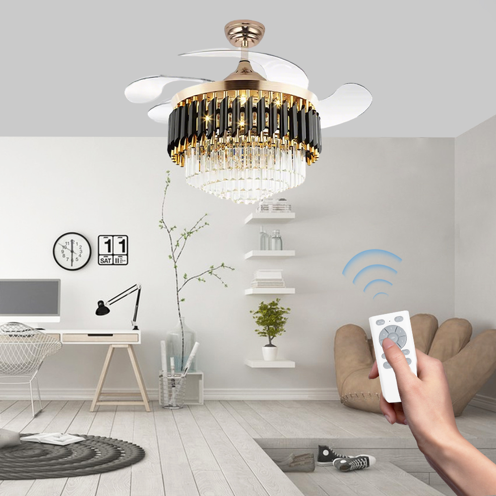 36 Inch Modern European Crystal LED Ceiling Fan With RGB Light, Black Gold Finish And DC Motor For Bedroom Decor