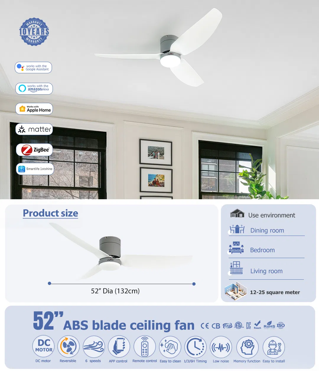 LED Ceiling Fan LED Design ABS Blades Ceiling Fans with 6 Speeds Remote