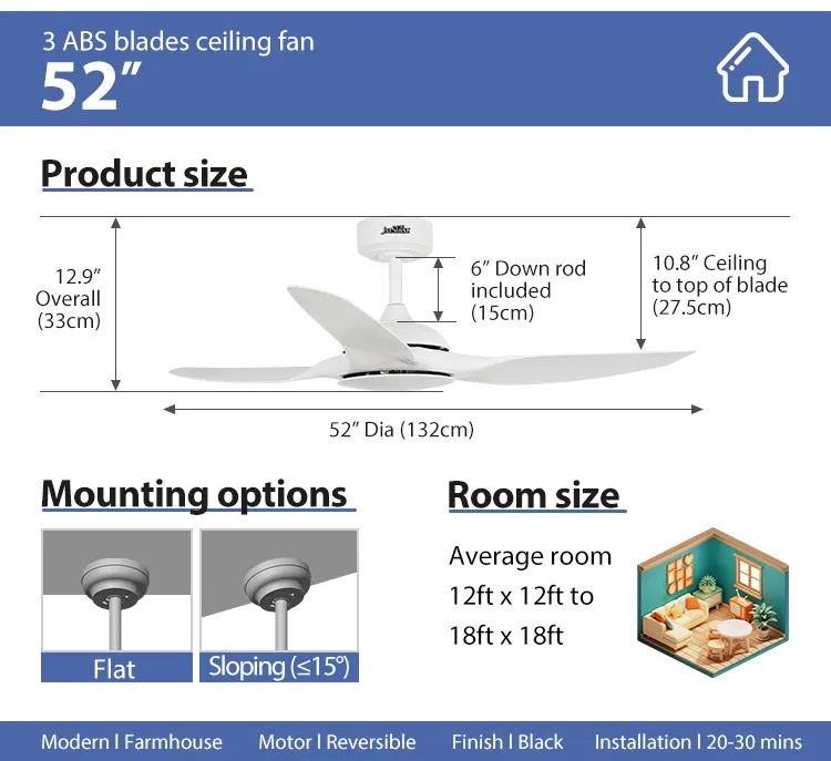 Ceiling Fan Home 52 Inches Plastic Blades White Color Smart Remote Control DC Ceiling Fan