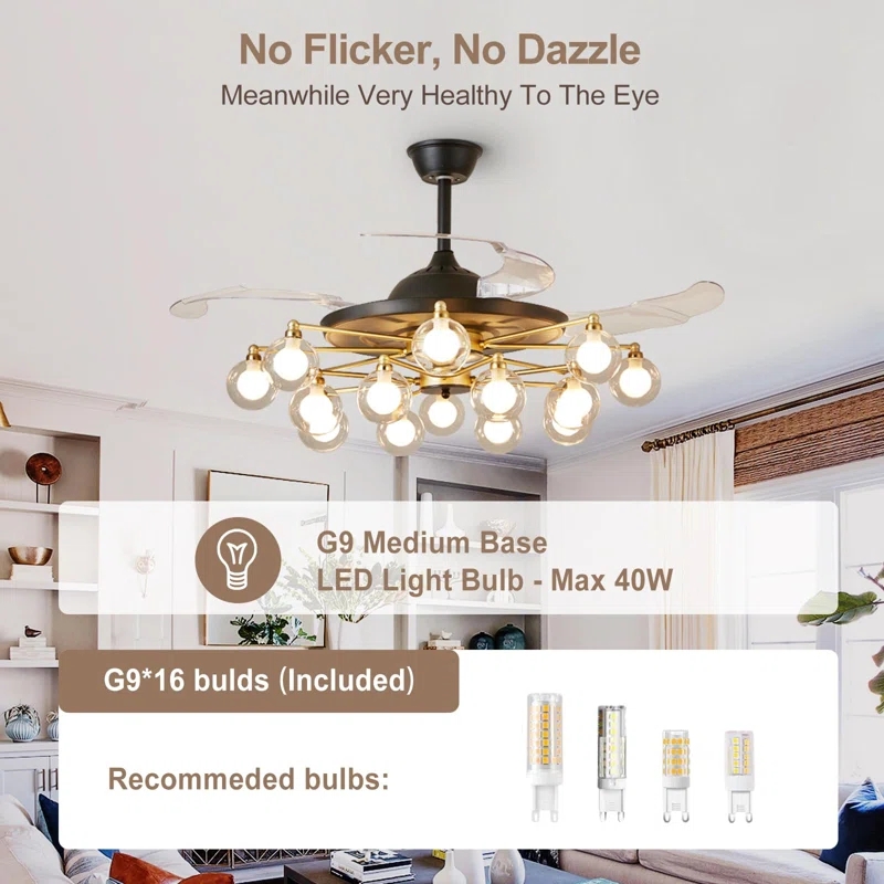 15 Light Crystal Retractable Ceiling Fan and Remote 42inch Modern Carbon Steel Gold Fandelier Ceiling Fan Reversible Blades