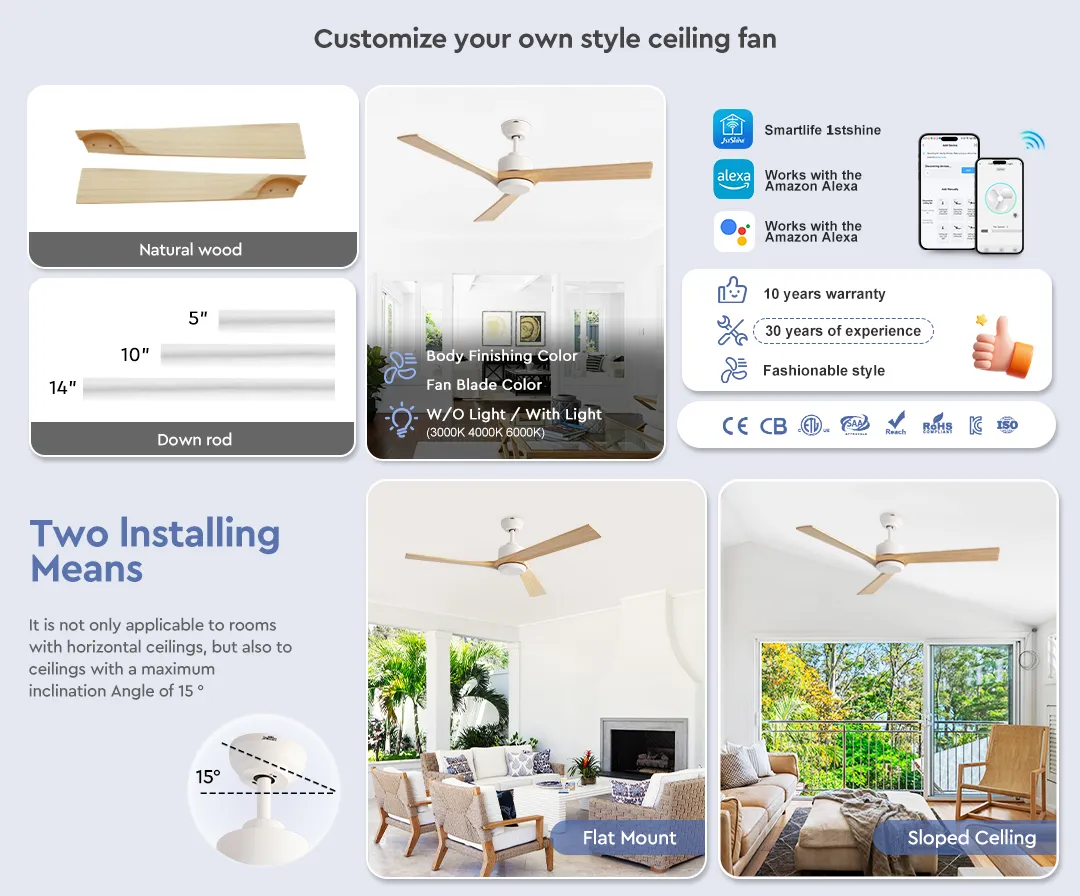 Ceiling Fan 52 Inches Wooden Blades Energy Saving Adjustable 6 Speeds Soft Wind Smart Ceiling Fan with Remote