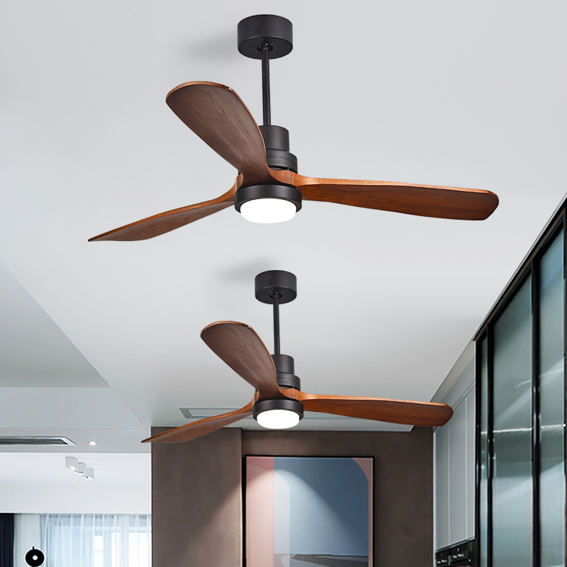 OEM ODM 52 Inch Fans Lamp Metal 3 Solid Wooden Blade Led Remote Control Nordic Modern LED Ceiling Fan With Light