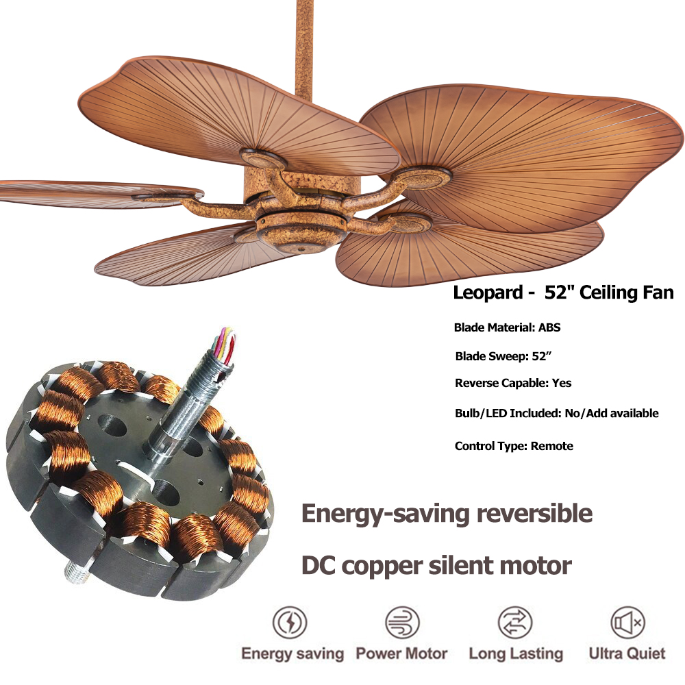 52 in Fancy Tropical ABS Palm Leaf Quiet American Antique Style Vintage Decorative Pull Chain Remote Ceiling Fan for Hotel