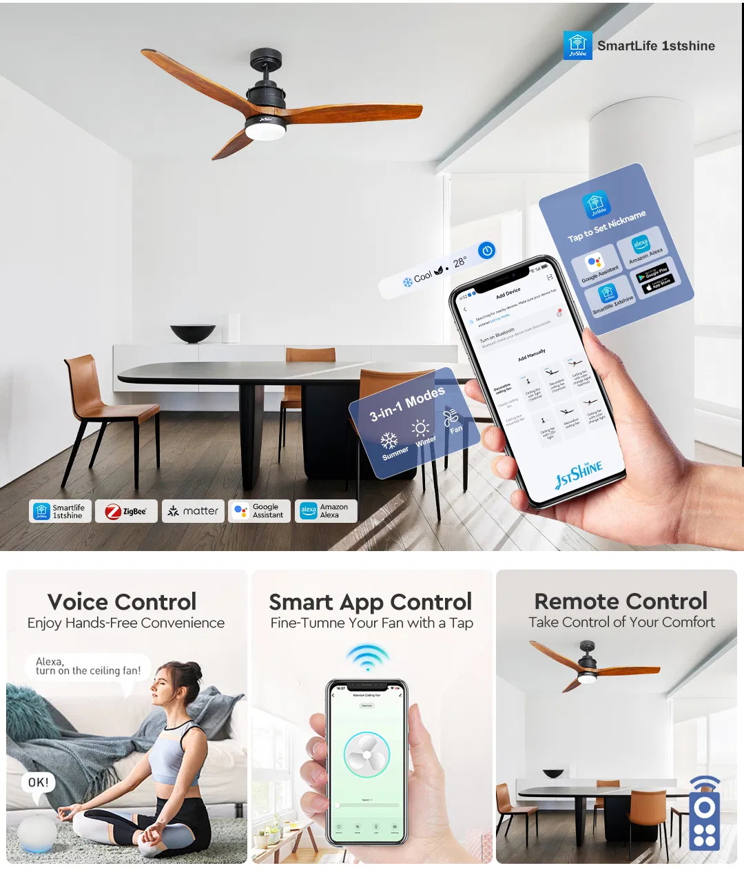 Energy Efficient DC Motor Ceiling Fan with Elegant Wood Blades Dimensions