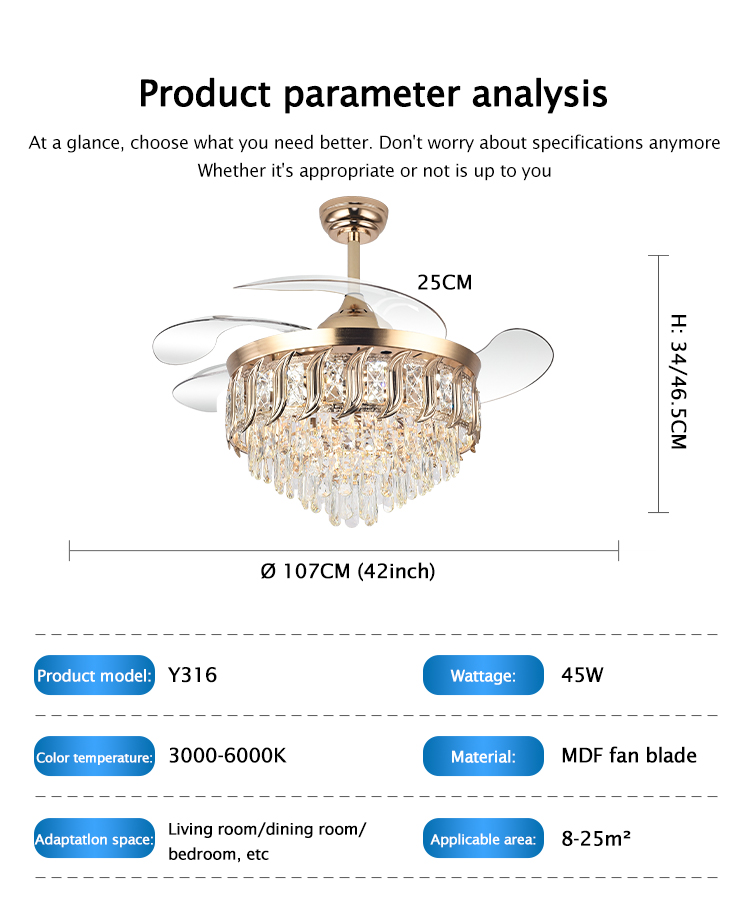 Y316 Crystal Fan Light Modern Reversible Ceiling Fan and Light Dimmable LED K9 Crystal Retractable Fan Light with Remote Control