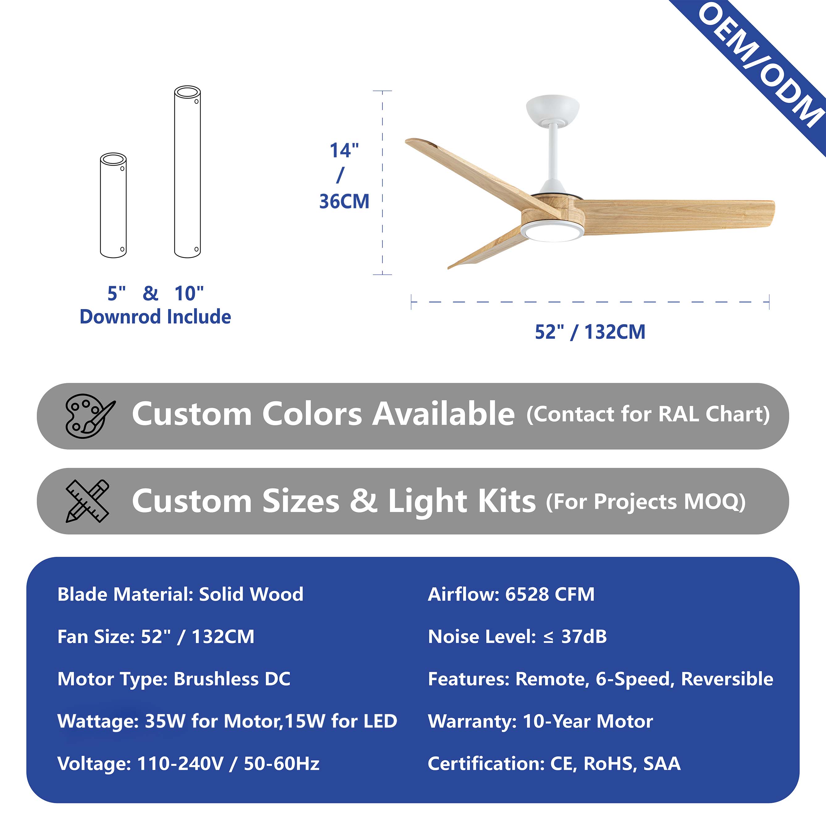 52 Inch Timber Blades Ceiling Fan With Light | OEM Customizable Finish | DC Silent Motor | Japandi Style for Living Room &amp; Hotel