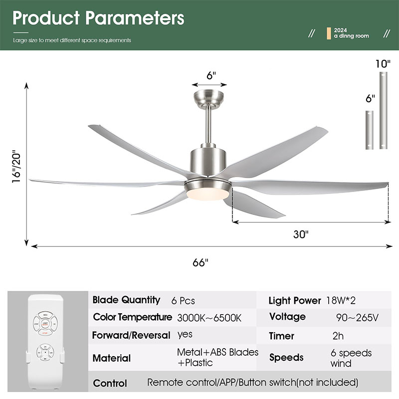 66 Inch Large LED Ceiling Fan and Remote Noiseless DC Motor 6 Speed 6 Blades Modern Black Ceiling Fan with Light