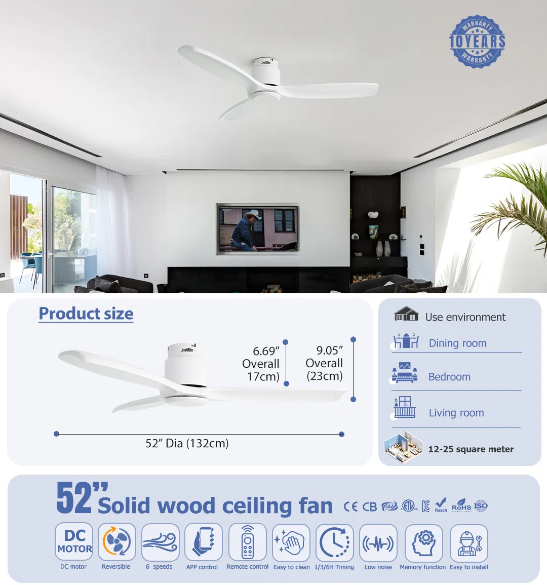 Minimalist Flush Mount Modern Latest Designer DC Solid Wood Metal 3 Blades Ceiling Fan Detail 1