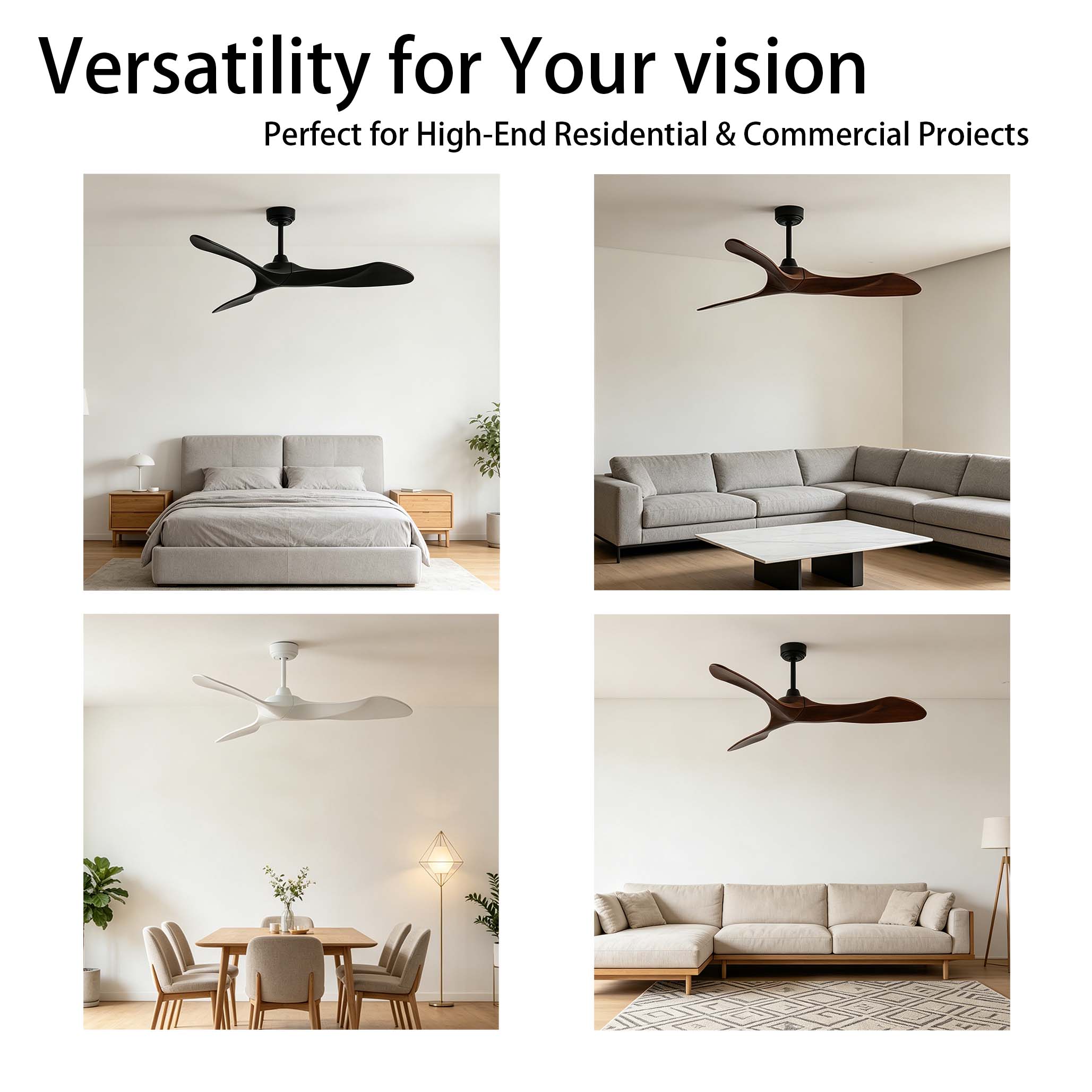 52 Inch Architectural Decorative Ceiling Fan with Sculptural Solid Wood Blade | Ultra-Quiet DC Motor | for Luxury Villas &amp; Hotel