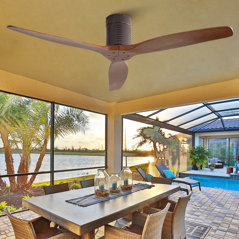Modern Indoor 52 Inch Mounted Solid Wood Hugger Low Floor Flush Mount Loft Style Decorative BLDC Ceiling Fans Without Light
