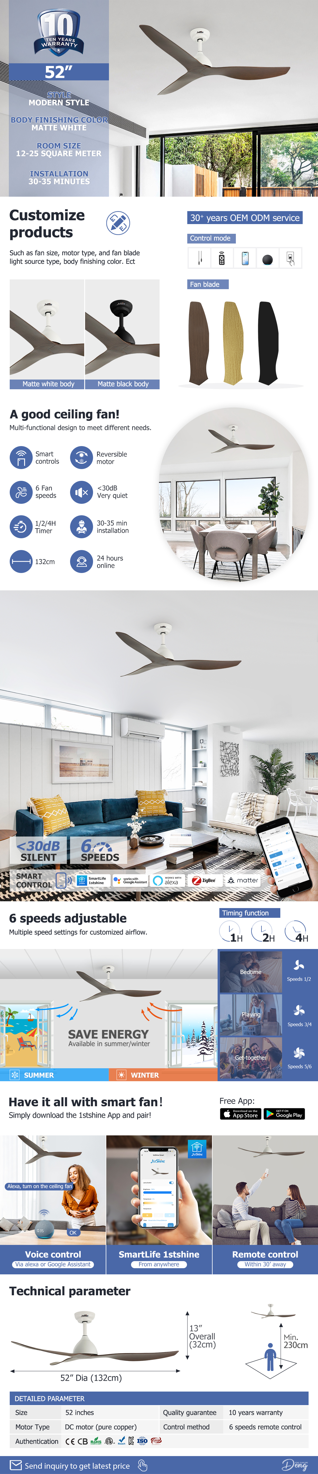 Ceiling Fan Home Brown 3 ABS Blades 52 Inches Energy Saving DC High Speed Ceiling Fan Without Light