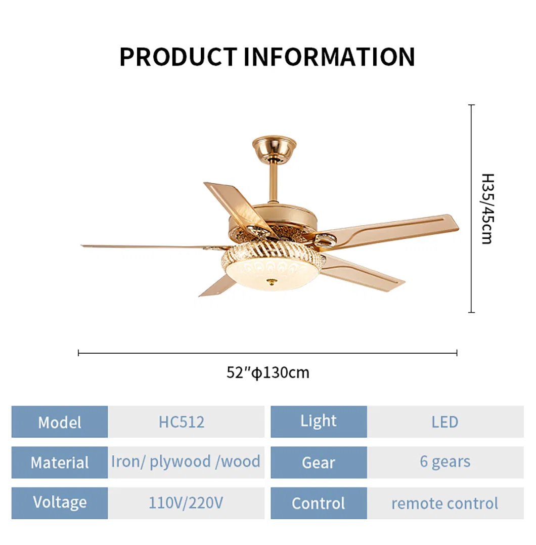 Low Profile Outdoor 5blades Golden DC Motor Silent Ceiling Fan with Light