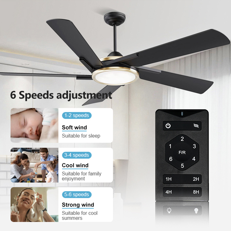 Low Profile Indoor Decorative Reversible DC Motor 60 Inch Matte Black and Gold Modern Ceiling Fan with Light Remote Control
