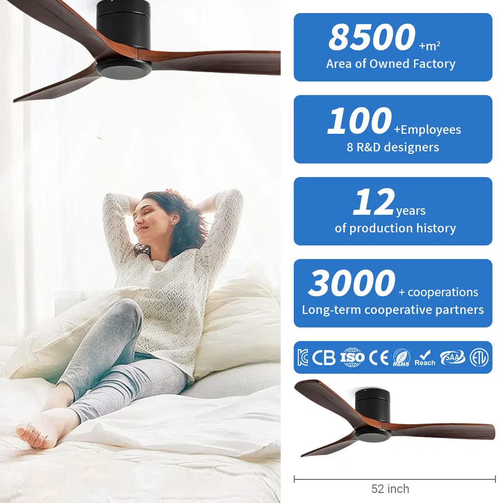 52-Inch Flush Mount Ceiling Fan with 3 Solid Wood Blades and Remote Control &amp; Pure Copper DC Motor, Simple Style (Black Body) , Improve Residential Comfort