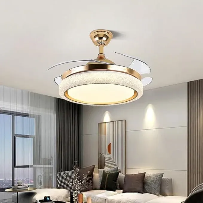 Golden Retractable Ceiling Fan Light LED Chandelier With Remote Control 6 Speed 3 Color Temperature Dimmable Indoor Fan Lamp