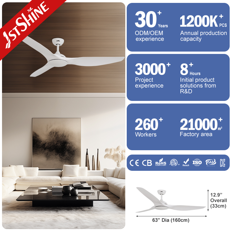 1stshine Ceiling Fan 63 Inches DC Motor Large Size Quiet Smart White Ceiling Fan Remote Control