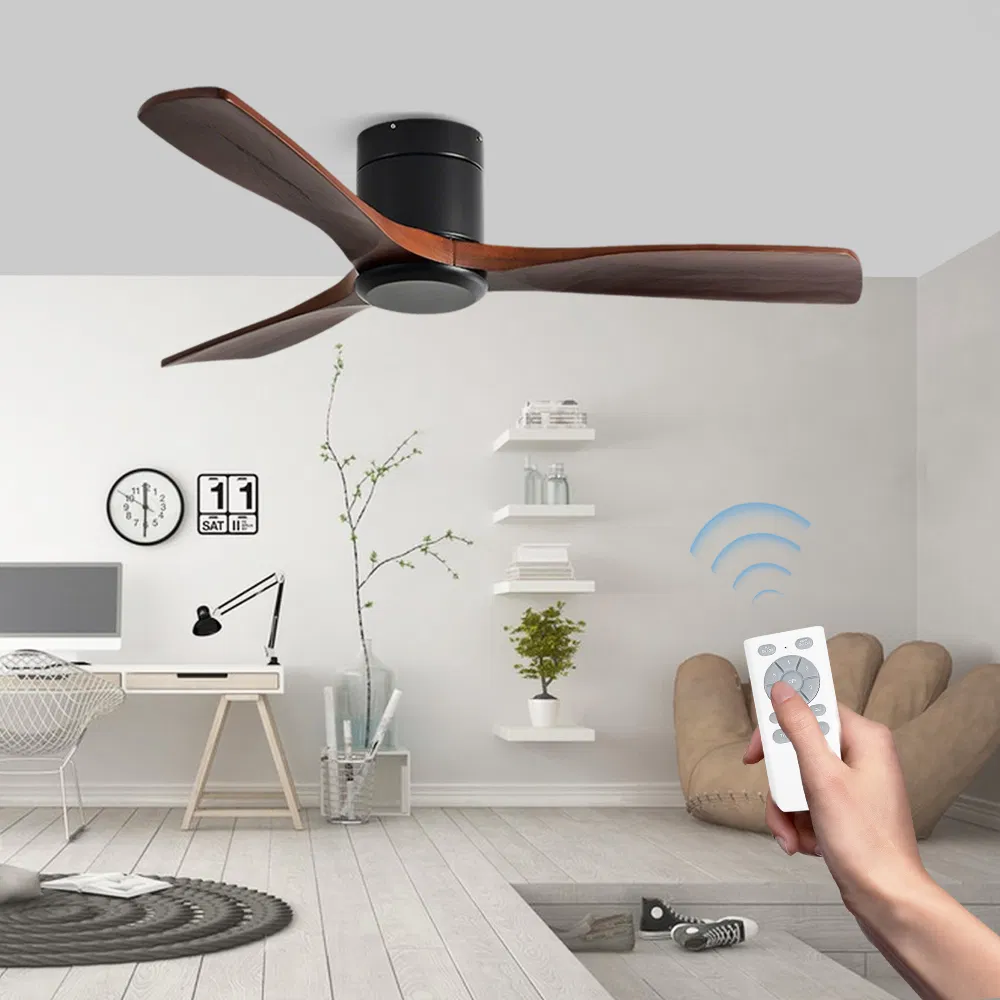 52-Inch Flush Mount Ceiling Fan with 3 Solid Wood Blades and Remote Control &amp; Pure Copper DC Motor, Simple Style (Black Body) , Improve Residential Comfort