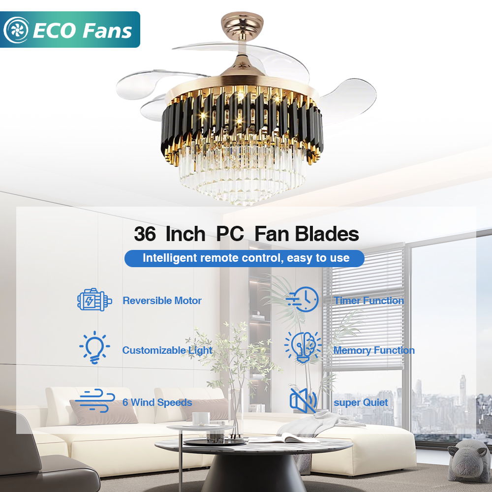 36 Inch Modern European Crystal LED Ceiling Fan With RGB Light, Black Gold Finish And DC Motor For Bedroom Decor