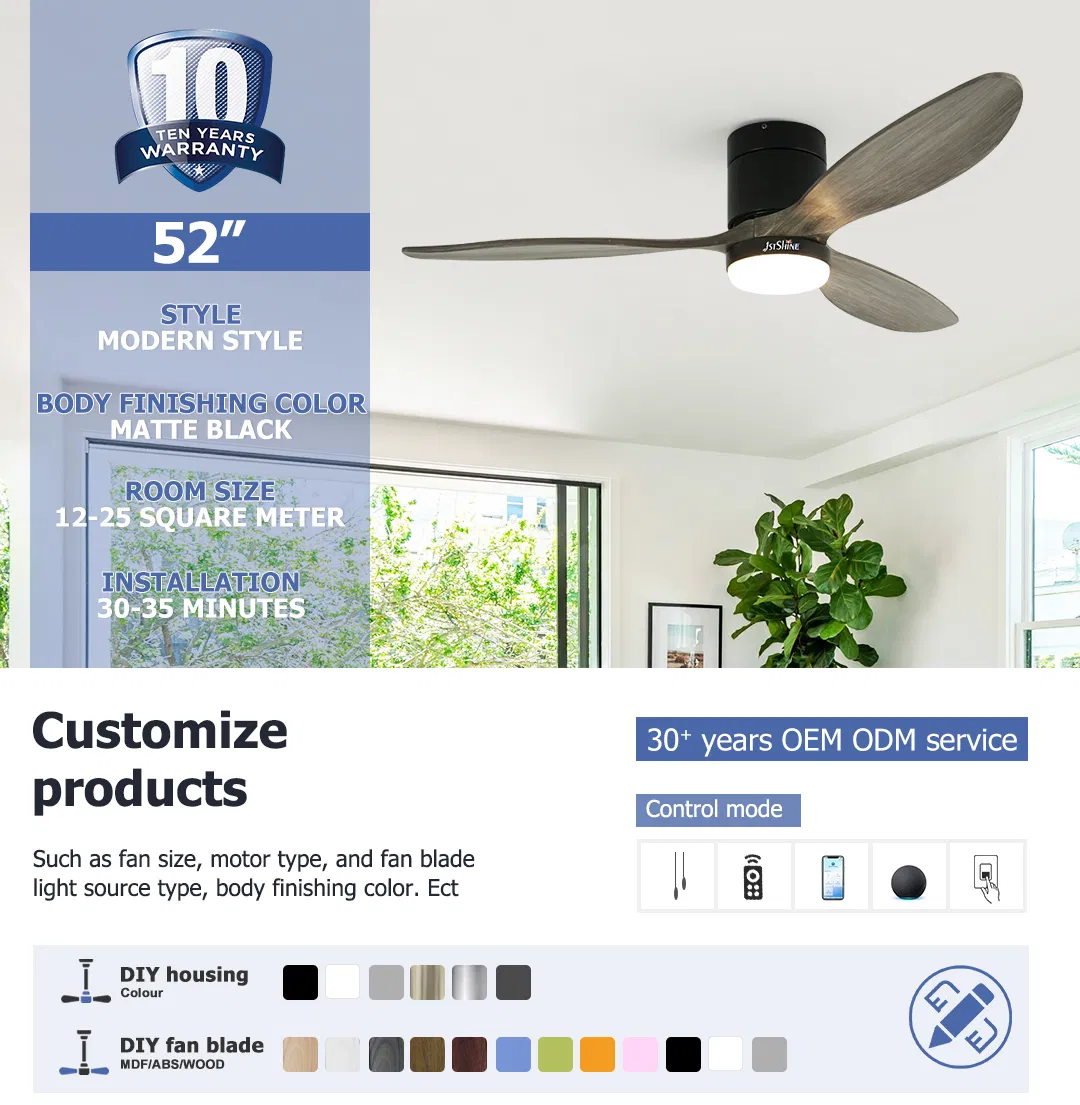 Noiseless Dimmable Flush Mount Solid Wood Fan Light Tricolor Ceiling Fan Light with Remote Control