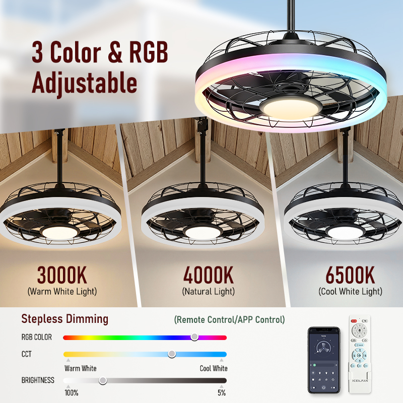 20 Inch Outdoor Caged Ceiling Fan with Light Waterproof Smart RGB 3CCT Reversible Dimmable LED Hanging Fan for Patio Gazebo