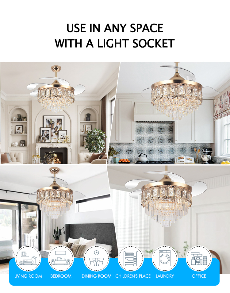 Y316 Crystal Fan Light Modern Reversible Ceiling Fan and Light Dimmable LED K9 Crystal Retractable Fan Light with Remote Control