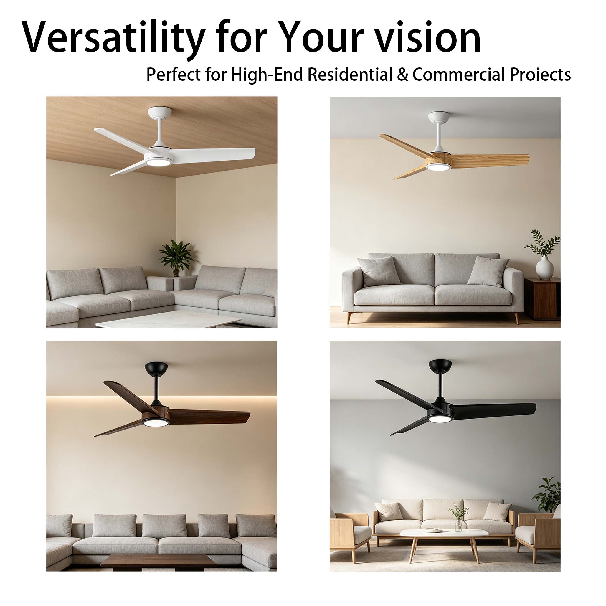 52 Inch Timber Blades Ceiling Fan With Light | OEM Customizable Finish | DC Silent Motor | Japandi Style for Living Room &amp; Hotel