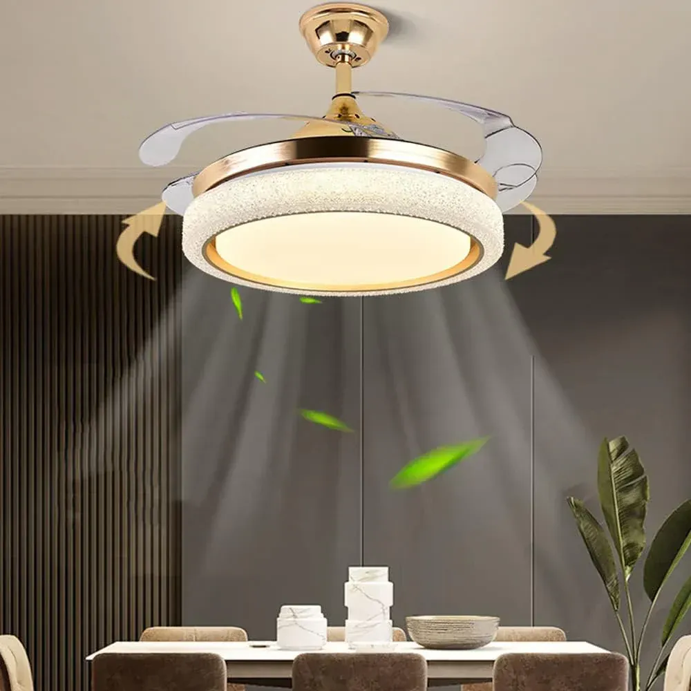 Golden Retractable Ceiling Fan Light LED Chandelier With Remote Control 6 Speed 3 Color Temperature Dimmable Indoor Fan Lamp