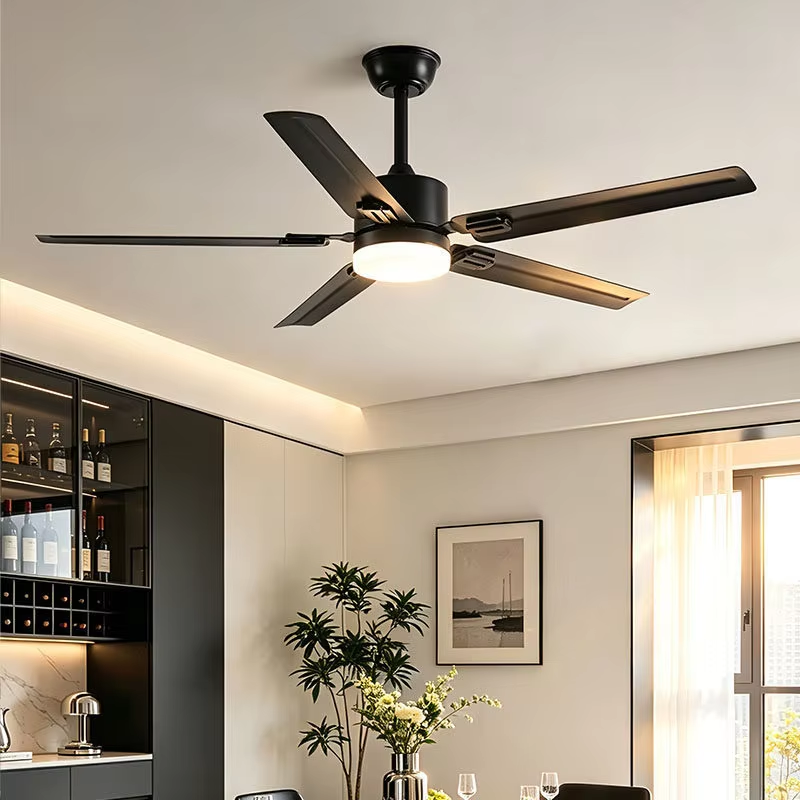 Modern Iron LED Ceiling Fan 5 Blades DC Motor Remote Control Flush Mount Light Indoor 6-Speed Adjustable 3500K Warm White 32-48