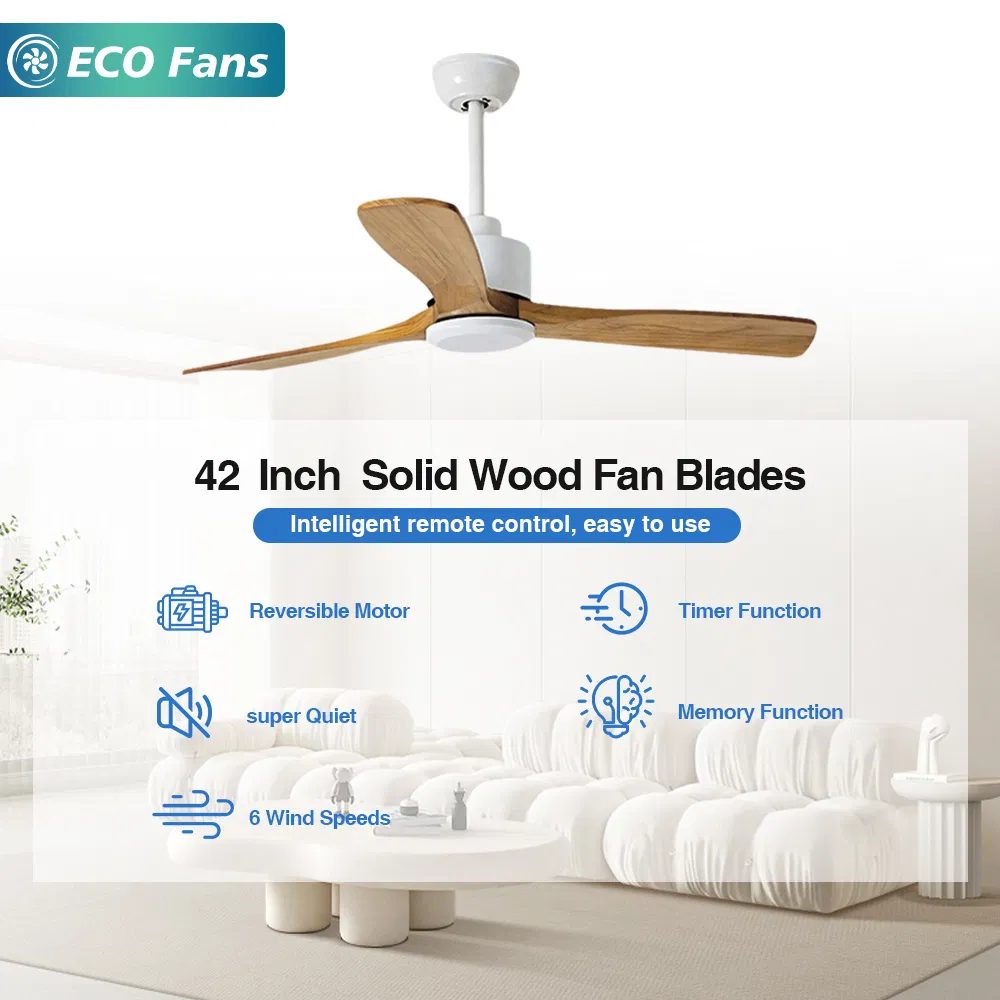 Remote-Controlled Solid Wood Ceiling Fan - White Body &amp; Light Wood Blades, Ideal for Living/Dining Room Cooling