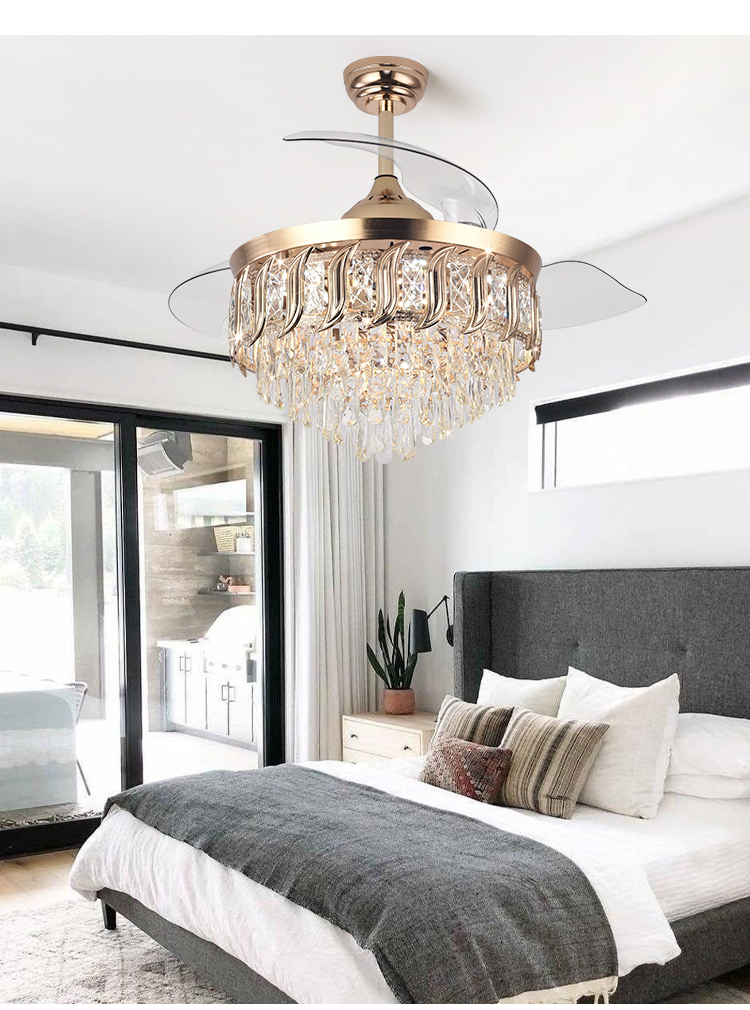 Y316 Crystal Fan Light Modern Reversible Ceiling Fan and Light Dimmable LED K9 Crystal Retractable Fan Light with Remote Control