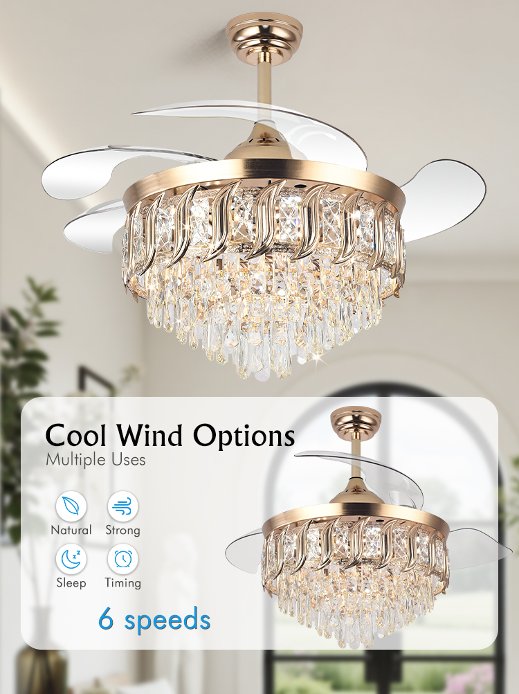 Y316 Crystal Fan Light Modern Reversible Ceiling Fan and Light Dimmable LED K9 Crystal Retractable Fan Light with Remote Control
