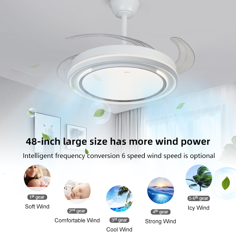 High Brightness Low Noise Reversible Motor 6 Speeds Adjustable Indoor Bedroom Led Invisible Ceiling Fan with Light